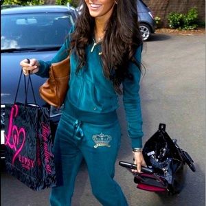 Y2K Juicy Couture Blue VELOUR Tracksuit SET VELVET TRACK PANTS JACKET